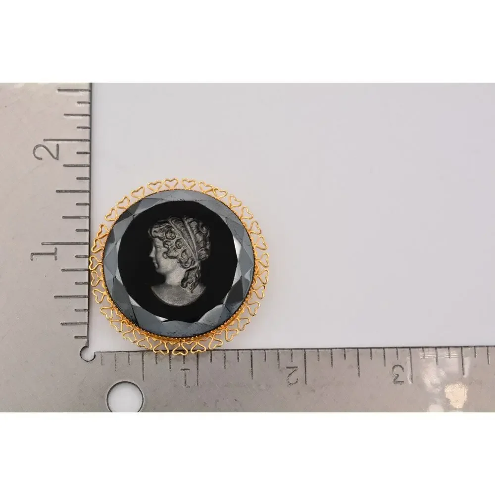 Vintage Cameo Pin Brooch Black Lucite Gunmetal Crystal Round Gold Tone 80s BinAT